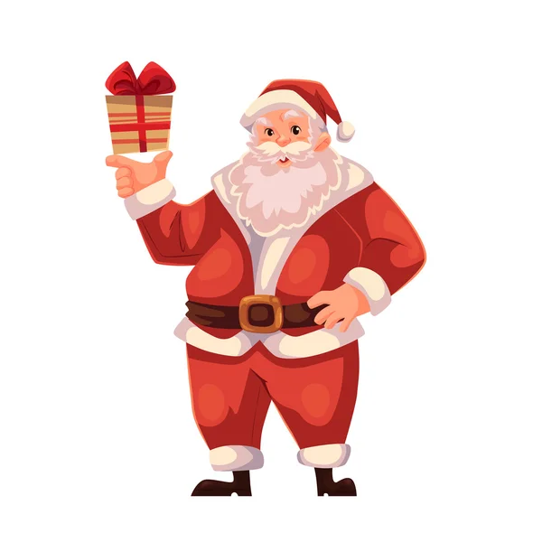 Ganzkörperporträt des Weihnachtsmannes mit einer kleinen Geschenkschachtel — Stockvektor