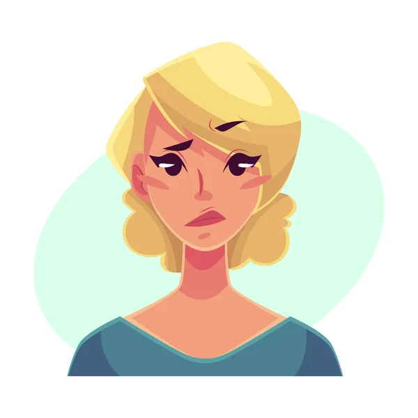 Pretty blond woman, upset, confused facial expression — Stock Vector