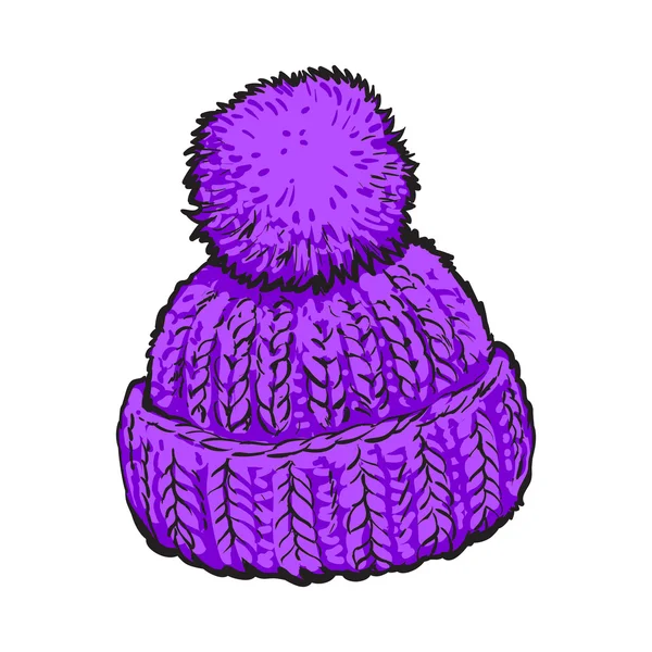 Brillante sombrero de punto de invierno púrpura con pompón — Vector de stock
