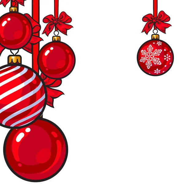 Pelotas rojas de Navidad con cinta y lazos — Vector de stock