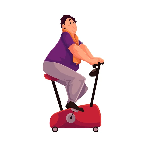 Hombre gordo haciendo ejercicio de ciclismo ilustración vector de dibujos animados — Vector de stock