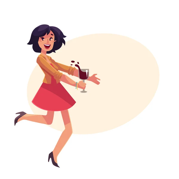 Молода красива дівчина танцює на вечірці з келихом вина — стоковий вектор