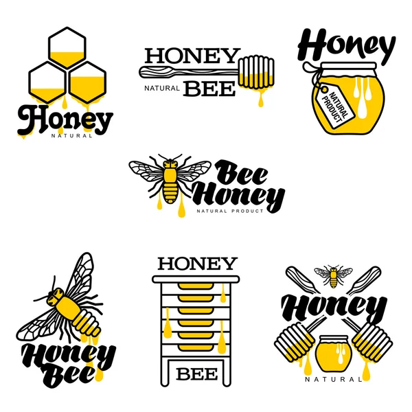 Handgetekende bee, korf, honing kruik en dipper logo set — Stockvector