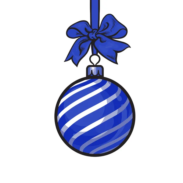 Bolas de Navidad con cinta azul y arcos, plantilla de tarjeta de felicitación — Vector de stock