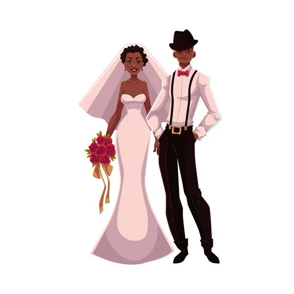 African American just married couple, black bride and groom — Stock Vector