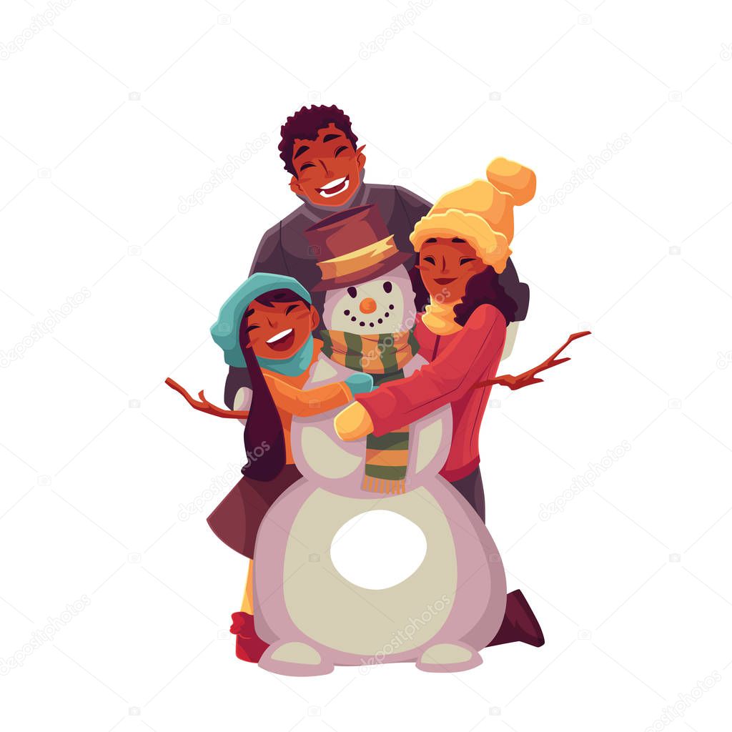 Family portrait of father, mother and daughter making a snowman