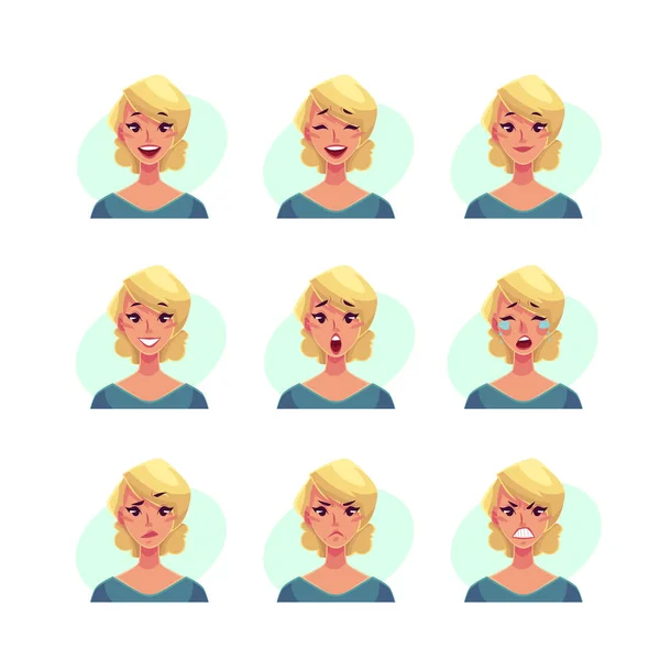 Conjunto de avatares de expresión facial de mujer rubia — Vector de stock