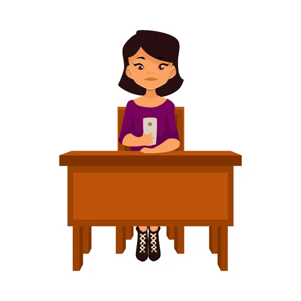 Asiatische Schulmädchen sitzt am Schreibtisch mit einem Smartphone — Stockvektor