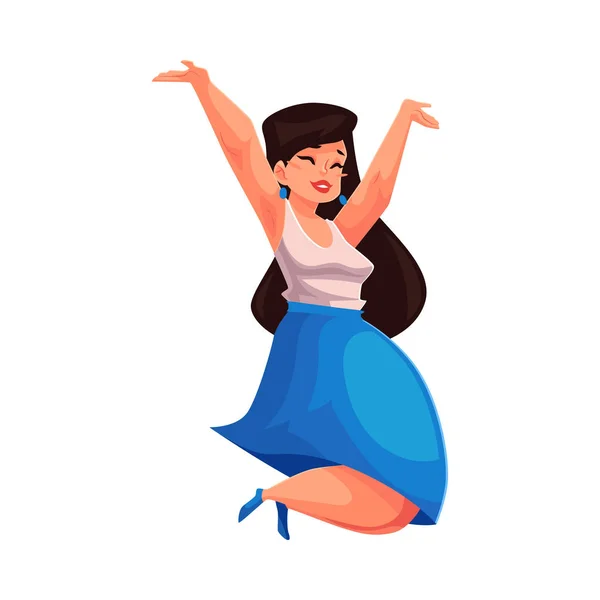 Cute curvy, overweight girl jumping with hands raised up — Stock Vector