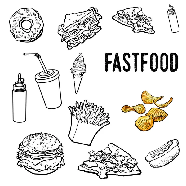 Zestaw czarno-biały ciągnione fast food — Wektor stockowy