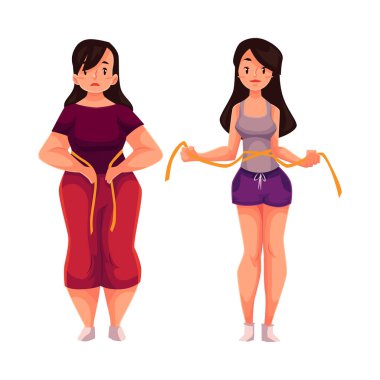 Woman measuring waist before and after loosing weight clipart
