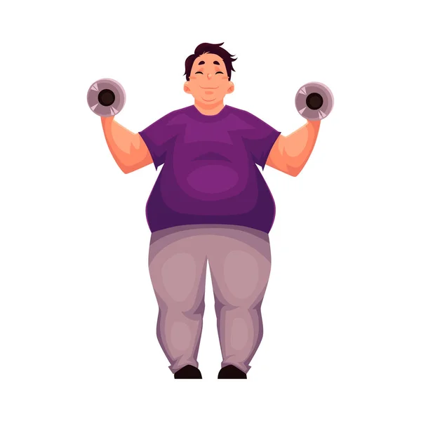 Hombre gordo entrenando con pesas, haciendo ejercicios de levantamiento de pesas — Vector de stock