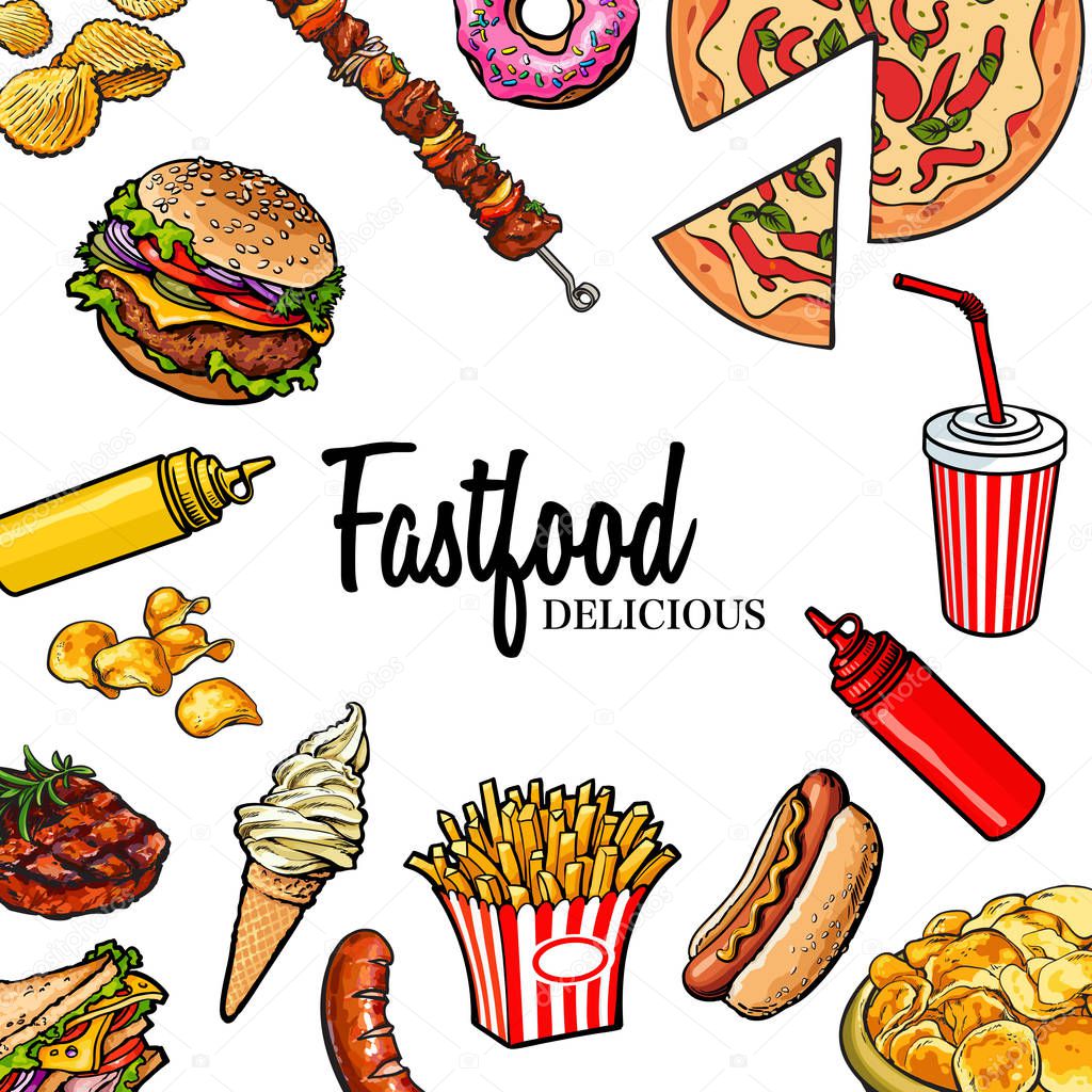 Sketch style hand drawn fast food vector frame