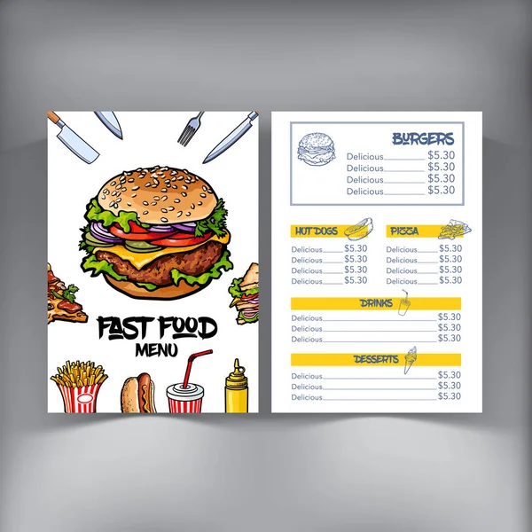 Szkic stylu wyciągnąć rękę fast food café, restauracja menu szablon — Wektor stockowy