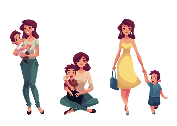 Feliz madre sosteniendo, abrazando y caminando con su hijo — Vector de stock