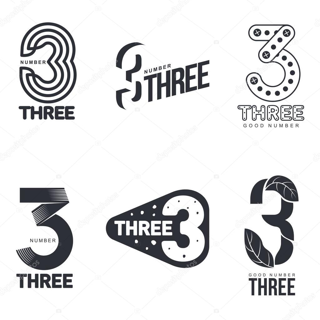 Set of black and white number three logo templates