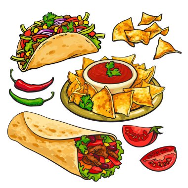 Geleneksel Meksika yemeği - börek, taco, cips, salsa kümesi