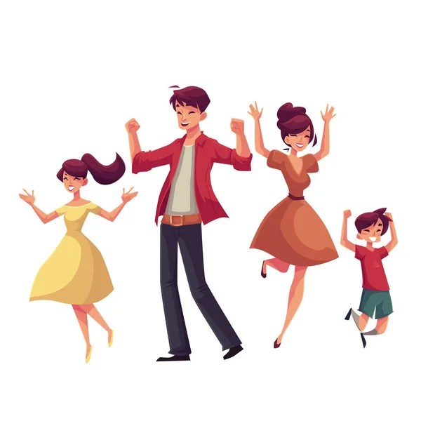 Alegre estilo cartoon família saltando de felicidade —  Vetores de Stock