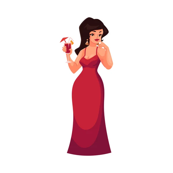 Bonito curvilíneo, menina com sobrepeso no vestido de noite vermelho beber cocktail — Vetor de Stock