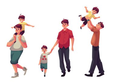 Dad with his little son, playing and walking together clipart