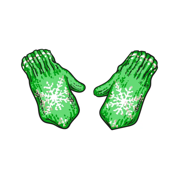 对明亮的绿色冬季针织手套与雪花 — 图库矢量图片
