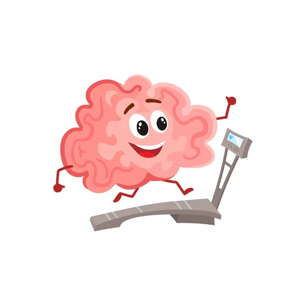 Funny sonriendo cerebro corriendo en una cinta de correr — Vector de stock