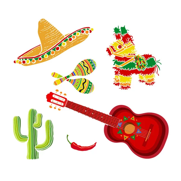 Conjunto mexicano sombrero, pinata, maraca, cacto, chili e guitarra espanhola — Vetor de Stock
