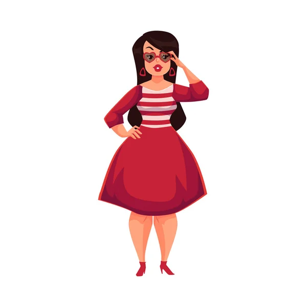Милая кривая, толстая девушка в очках и модном красном платье — стоковый вектор