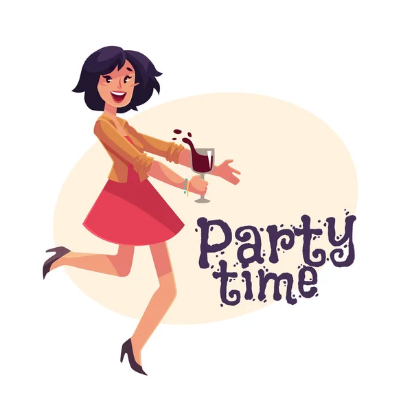 Joven hermosa chica bailando en la fiesta con una copa de vino — Archivo Imágenes Vectoriales