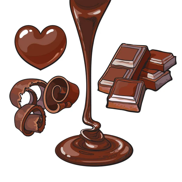 Schokoladenset - herzförmige Bonbons, Rasieren, Riegel, Flüssigkeit — Stockvektor