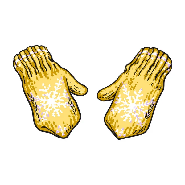 Пара ярко-желтых зимних вязаных варежок со снежинками — стоковый вектор