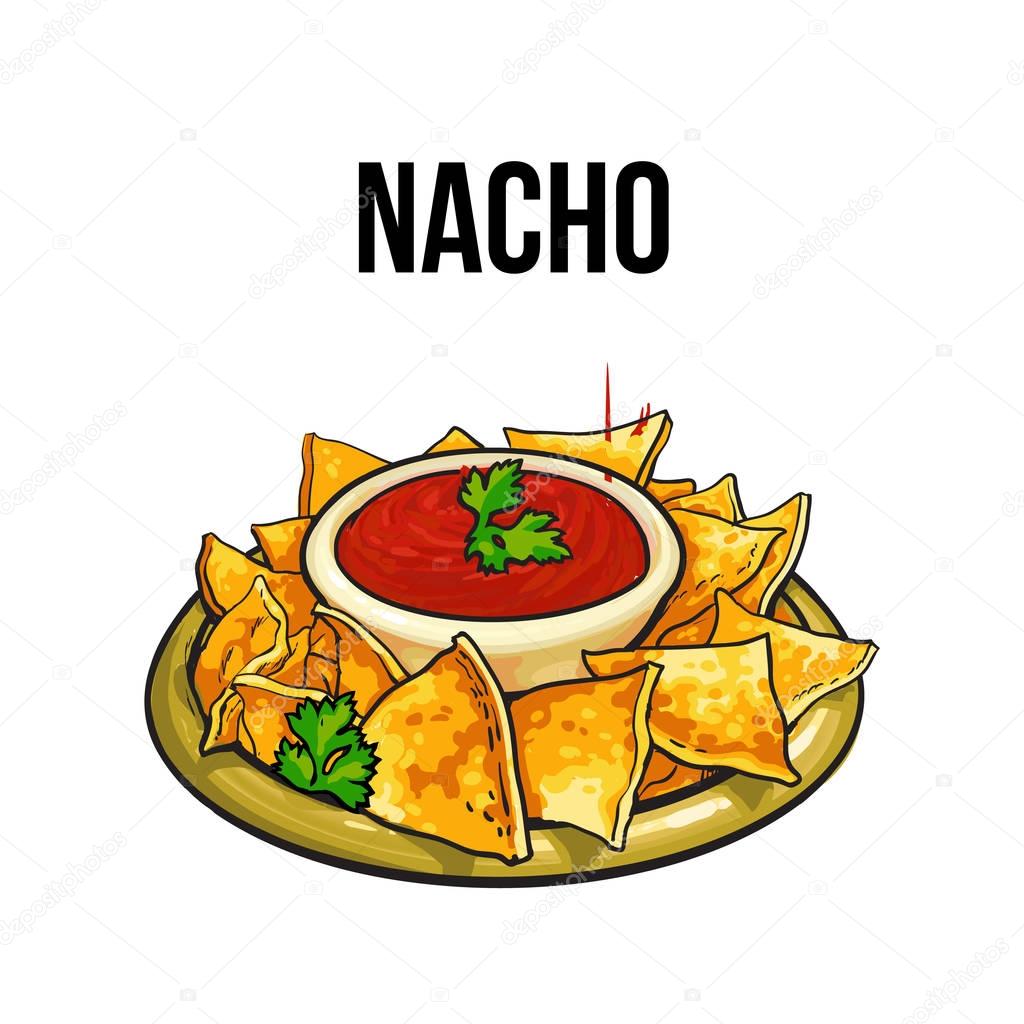 Mexicaanse nachos, maïs tortilla met salsa saus vectorafbeelding door