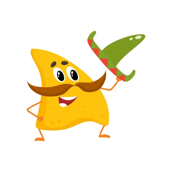 Lächelnde Nachos mit dickem Schnurrbart und mexikanischem Sombrero — Stockvektor