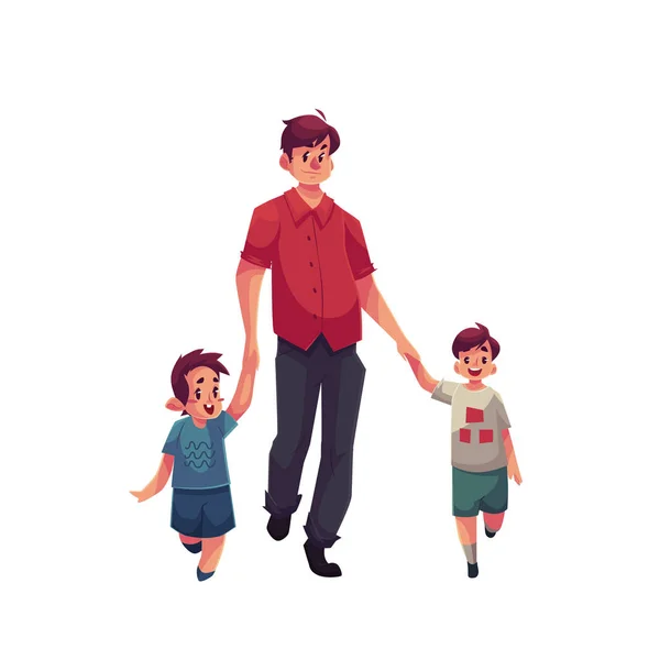 Vader met twee zoon samen wandelen — Stockvector