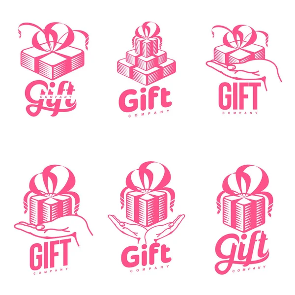 Set of pink and white graphic gift box logo templates — Stock Vector