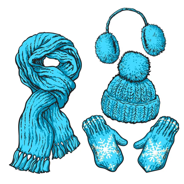 青い結び目スカーフ、帽子、耳あてとミトンのセット — ストックベクタ