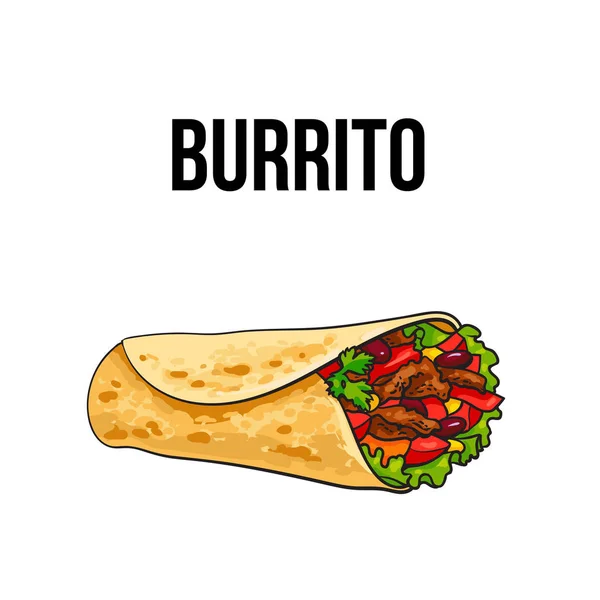 Burrito mexican, sol întâlni cu legume laminate în tortilla — Vector de stoc
