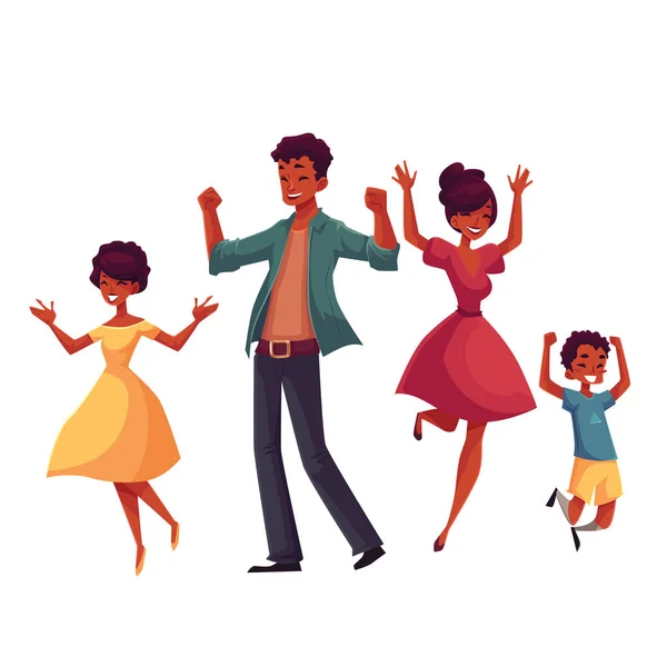 Alegre estilo de dibujos animados familia saltando de la felicidad — Vector de stock
