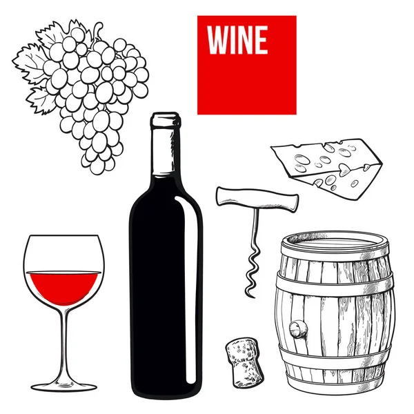 Botella de vino, copa, barril, uvas, queso, corcho, sacacorchos — Vector de stock