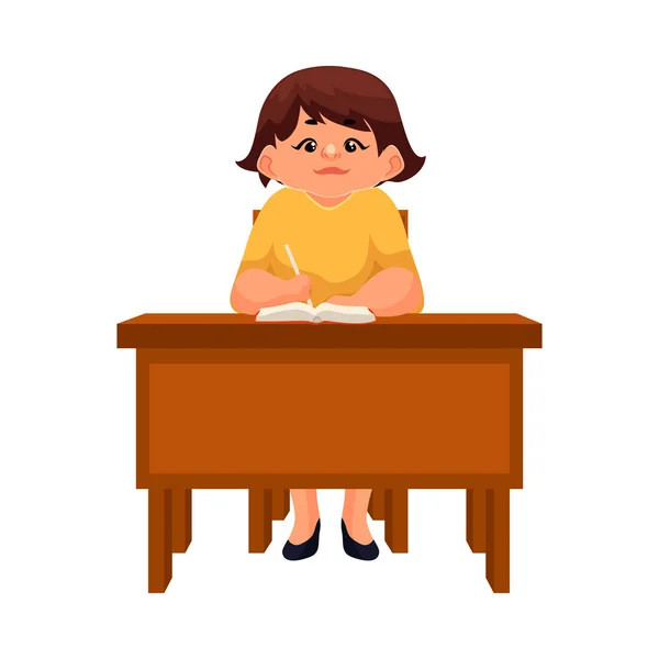 Pummeliges Schulmädchen sitzt am Schreibtisch, hört zu und schreibt — Stockvektor