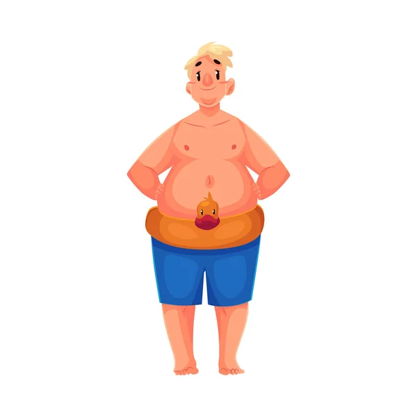 Hombre gordo feliz en pantalones cortos de natación y anillo de seguridad — Vector de stock
