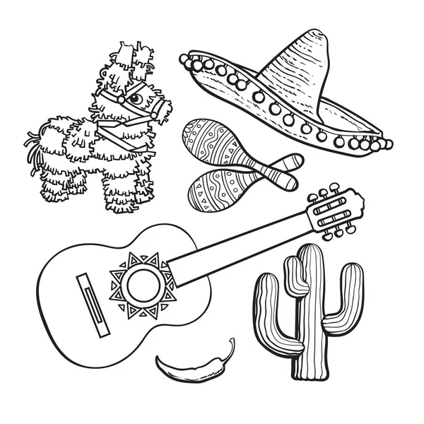 Mexikanska set sombrero, pinata, maraca, kaktus, chili och spansk gitarr — Stock vektor