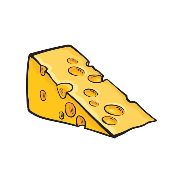 Pieza dibujada a mano de queso suizo, ilustración vectorial estilo boceto — Archivo Imágenes Vectoriales