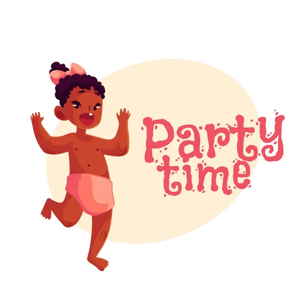 Pequena menina africana dançando alegremente, convite de festa, design de cartaz — Vetor de Stock