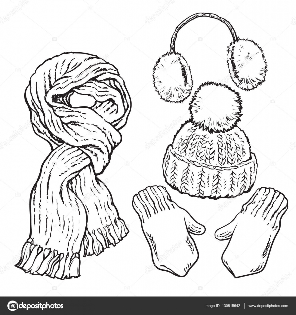 Set of knotted scarf, hat, ear muffs and mittens Stock Vector Image by