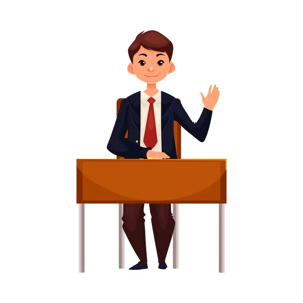 Ragazzo intelligente della scuola seduto alla scrivania, alzando la mano per rispondere — Vettoriale Stock
