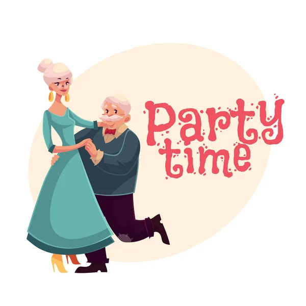 Ηλικιωμένος άντρας και γυναίκα που χορεύει, γελοιογραφία πρόσκληση, banner, Σχεδιασμός αφίσας — Διανυσματικό Αρχείο