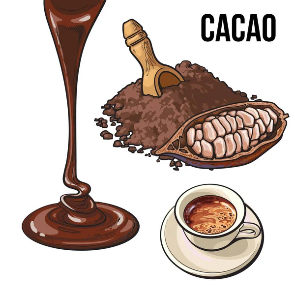 Куча какао порошка, фрукты, чашки горячего шоколада и начинки — стоковый вектор