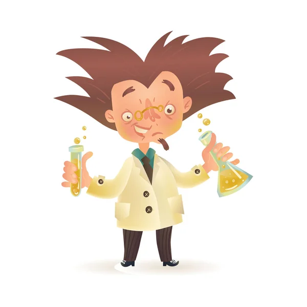 Professeur fou en blouse de laboratoire tenant une fiole chimique, éprouvette — Image vectorielle