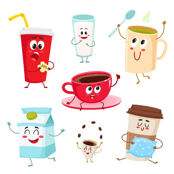 Set di divertenti latte, caffè, tazza di tè, vetro, personaggi tazza — Vettoriale Stock